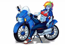 Size: 1280x895 | Tagged: suggestive, artist:jennobasilicum, derpibooru import, rainbow dash, equestria girls, abs, alternate hairstyle, belly, belly button, belt, belt buckle, blushing, breasts, busty rainbow dash, clothes, converse, exposed belly, female, image, jacket, jeans, jpeg, looking at you, midriff, motorcycle, muscles, muscular female, pants, rainbuff dash, sexy, shoes, simple background, smiling, smiling at you, sneakers, solo, solo female, sports bra, stupid sexy rainbow dash, sweat, toned, toned female, white background