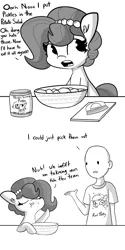 Size: 2700x5400 | Tagged: safe, artist:tjpones, derpibooru import, trixie, oc, oc:brownie bun, oc:richard, unofficial characters only, earth pony, human, pony, black and white, comic, dialogue, eating, female, food, grayscale, husband and wife, image, male, mare, monochrome, pickles, png, potato salad, simple background, talking with your mouth full, white background