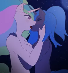 Size: 1250x1350 | Tagged: suggestive, artist:veevei, derpibooru import, princess celestia, princess luna, anthro, alternate hairstyle, blushing, breasts, busty princess celestia, busty princess luna, complete nudity, eyes closed, female, females only, french kiss, hand on face, horn, horns are touching, image, incest, kissing, lesbian, missing accessory, missing wing, nudity, png, princest, royal sisters, shipping, siblings, sisters, wingless, wingless anthro