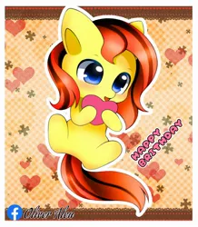 Size: 1468x1680 | Tagged: safe, artist:aleuoliver, derpibooru import, oc, unofficial characters only, earth pony, pony, abstract background, blushing, chibi, earth pony oc, featureless crotch, happy birthday, heart, image, jpeg, solo