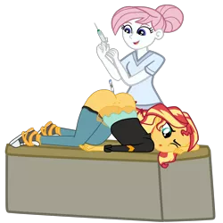 Size: 2952x2952 | Tagged: suggestive, alternate version, artist:gmaplay, derpibooru import, part of a set, nurse redheart, sunset shimmer, equestria girls, equestria girls series, spoiler:eqg series (season 2), anal insertion, ass, bunset shimmer, butt, clothes, converse, face down ass up, image, imminent pain, insertion, nurse, nurse outfit, png, rectal thermometer, shoes, simple background, syringe, transparent background