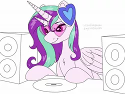 Size: 2048x1536 | Tagged: safe, artist:incendiaryboobs, derpibooru import, princess cadance, vinyl scratch, alicorn, bicorn, pony, alicorn princess, female, fusion, glasses, horn, image, jpeg, mare, multiple horns, record, solo, speakers, wings