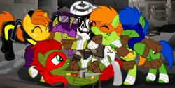 Size: 1280x652 | Tagged: safe, artist:lynnthenerdkitty, derpibooru import, earth pony, pegasus, pony, unicorn, april o'neil, casey jones, crossover, donatello, group hug, hug, image, jpeg, leonardo, michelangelo, raphael