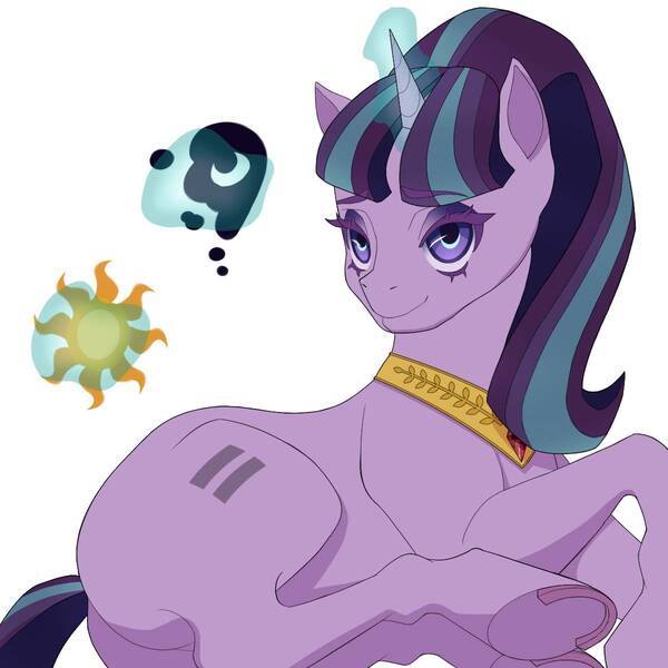 Size: 1200x1200 | Tagged: safe, artist:ch4paints, derpibooru import, starlight glimmer, pony, unicorn, accessories, bad end, cutie mark, cutie mark theft, equal cutie mark, glowing horn, horn, image, implied princess celestia, implied princess luna, jewelry, jpeg, lying down, necklace, s5 starlight, simple background, solo, this will end in communism, tyrant glimmer, white background, xk-class end-of-the-world scenario