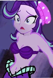 Size: 813x1200 | Tagged: suggestive, derpibooru import, edit, starlight glimmer, mermaid, equestria girls, 1000 hours in ms paint, bare shoulders, belly button, bra, breasts, cleavage, clothes, crossover, female, image, jpeg, mermaidized, midriff, scared, seashell bra, solo, solo female, species swap, strapless bikini, the little mermaid, underwear