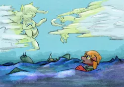 Size: 7016x4961 | Tagged: safe, artist:khaki-cap, derpibooru import, oc, unofficial characters only, earth pony, pegasus, unicorn, cloud, cloudy, digital art, flying, image, looking up, ocean, pilot, plane, png, sad, survivor, wave, wreckage