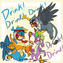 Size: 1199x1200 | Tagged: safe, artist:g-elric, derpibooru import, gabby, gallus, smolder, spike, dragon, gryphon, alcohol, bad influence, beverage, chug chug chug chug, drinking, drunk, drunker smolder, drunker spike, headband, holding, image, jpeg