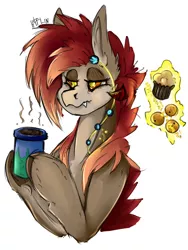 Size: 900x1200 | Tagged: safe, artist:hyflin, derpibooru import, oc, oc:hausta, unofficial characters only, pony, bust, coffee, cupcake, female, food, image, jpeg, magic, portrait, tangerine, tired