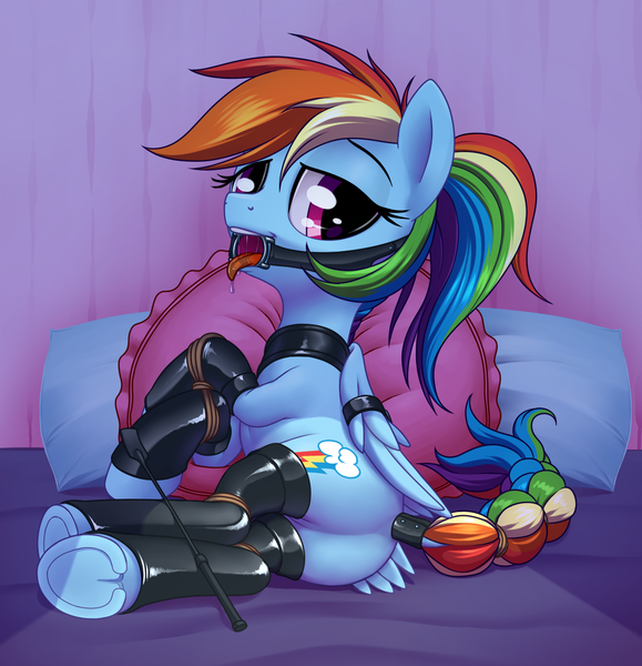 Size: 1184x1228 | Tagged: questionable, artist:stoic5, derpibooru import, edit, editor:s410, rainbow dash, pony, alternate hairstyle, bed, bedroom eyes, bondage, bound wings, braided tail, clothes, collar, consensual, dashsub, dock, drool, explicit source, featureless crotch, female, femsub, gag, image, latex, leather, looking at you, nudity, png, ponytail, rainbond dash, rear view, riding crop, ring gag, sexy, socks, solo, solo female, stockings, stupid sexy rainbow dash, submissive, tail wrap, thigh highs, tied up, tongue out, underhoof, whip, wings