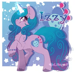 Size: 3296x3204 | Tagged: safe, artist:red_moonwolf, derpibooru import, izzy moonbow, pony, unicorn, abstract background, bracelet, chest fluff, cutie mark, female, g5, glowing horn, high res, horn, image, jewelry, looking at you, magic, png, raised hoof, simple background, smiling, solo, stars, text, unshorn fetlocks
