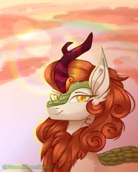 Size: 2000x2500 | Tagged: safe, artist:redheartponiesfan, derpibooru import, autumn blaze, kirin, bust, image, lens flare, png, portrait, solo