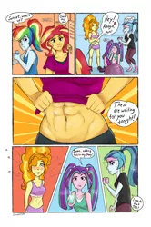 Size: 1387x2087 | Tagged: safe, artist:shimazun, derpibooru import, adagio dazzle, aria blaze, rainbow dash, sonata dusk, sunset shimmer, equestria girls, abs, adonis belt, alternate hairstyle, belly button, blue eyes, blushing, blushing profusely, breasts, cleavage, clothes, comic, dialogue, drool, exercise ball, eyelashes, female, flirting, floating heart, gym, gym shorts, gym uniform, hair over one eye, heart, image, jealous, lesbian, locker room, lockers, midriff, mobile phone, muscles, muscular female, phone, pigtails, png, ponytail, purple eyes, red eyes, seductive, sexy, shaking, shipping, shirt, shirt lift, shoes, sneakers, socks, speech bubble, sports bra, stupid sexy sunset shimmer, sunsagio, sunset lifter, sweat, text, the dazzlings, twintails, water bottle, weight lifting, weights, wide hips, workout outfit