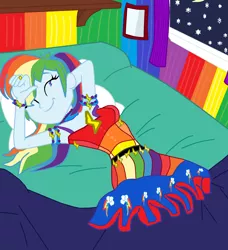 Size: 1626x1782 | Tagged: artist needed, source needed, safe, derpibooru import, rainbow dash, equestria girls, 1000 hours in ms paint, arm behind head, armpits, base used, bed, bedroom, bedsheets, bedside stand, blanket, breasts, busty rainbow dash, clothes, eyes closed, female, image, jewelry, night, png, skirt, sleeping, solo