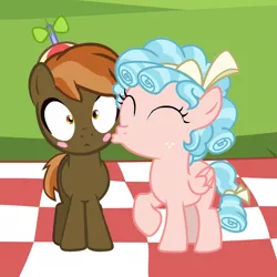 Size: 1209x1209 | Tagged: safe, derpibooru import, edit, button mash, cozy glow, earth pony, pegasus, pony, beanie, blush sticker, blushing, colt, cozymash, cute, female, filly, foal, hat, image, kiss on the cheek, kissing, male, picnic blanket, png, shipping, straight, this will end in tears