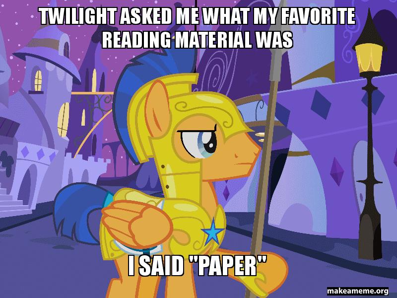 Size: 800x600 | Tagged: safe, derpibooru import, flash sentry, pegasus, pony, armor, caption, exploitable meme, idiot sentry, image, image macro, jpeg, literal minded, meme, reading, spear, text, weapon