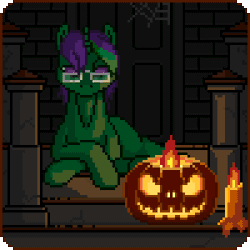 Size: 300x300 | Tagged: safe, artist:imreer, derpibooru import, oc, unofficial characters only, pony, unicorn, animated, blinking, candle, commission, gif, glasses, halloween, holiday, horn, image, jack-o-lantern, lying down, pixel art, prone, pumpkin, solo, unicorn oc, ych result