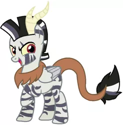 Size: 614x625 | Tagged: safe, artist:joystick12, derpibooru import, oc, oc:chaos, unofficial characters only, draconequus, hybrid, pegasus, zebra, draconequus oc, folded wings, horn, image, interspecies offspring, leonine tail, looking at you, male, offspring, one hoof raised, open mouth, parent:discord, parents:zecord, parent:zecora, png, raised hoof, simple background, smiling, solo, white background, wings