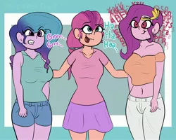 Size: 3000x2400 | Tagged: safe, artist:mrcakesboi, derpibooru import, izzy moonbow, pipp petals, sunny starscout, equestria girls, abstract background, angry, bad anatomy, belly button, breasts, busty izzy moonbow, busty pipp, busty sunny starscout, clothes, dialogue, equestria girls-ified, female, g5, g5 to equestria girls, grin, high res, image, jpeg, midriff, open mouth, pants, shirt, short shirt, shorts, skirt, smiling, trio