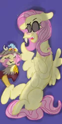 Size: 540x1080 | Tagged: safe, artist:cocolove2176, derpibooru import, discord, fluttershy, draconequus, pegasus, pony, blue background, clothes, costume, discoshy, female, fluttershy suit, image, jpeg, laughing, male, mare, pony costume, shipping, simple background, smiling, straight, wings