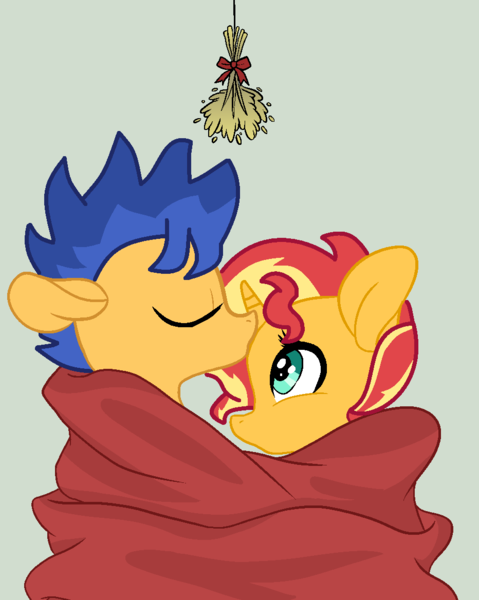 Size: 932x1168 | Tagged: safe, artist:jadethepegasus, derpibooru import, flash sentry, sunset shimmer, pegasus, pony, unicorn, clothes, female, flashimmer, image, kiss on the head, male, mistletoe, png, shared clothing, shipping, stallion, straight