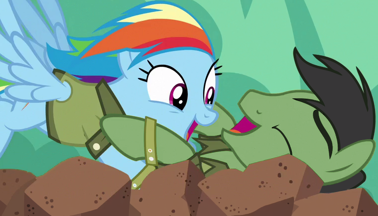 Size: 759x433 | Tagged: safe, derpibooru import, edit, edited screencap, screencap, rainbow dash, oc, oc:anon, oc:anon stallion, earth pony, pegasus, pony, stranger than fan fiction, colored, eyes closed, female, happy, image, laughing, male, mare, png, rock pit, shipping fuel, stallion, tackle