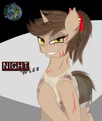 Size: 2203x2627 | Tagged: safe, artist:shappy the lamia, derpibooru import, oc, oc:nightwise, lamia, original species, pony, snake, snake pony, unicorn, blood, clothes, ear piercing, earring, engineer, image, jeans, jewelry, logo, pants, piercing, pigtails, png, scar, sexy, shirt, shorts, text, yellow eyes