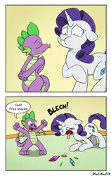 Size: 1160x1841 | Tagged: safe, artist:strebiskunk, derpibooru import, rarity, spike, dragon, pony, unicorn, my little pony: pony life, comic, everything went better than expected, female, gem, image, jpeg, male, mare, open mouth, vomit, vomiting gems, winged spike