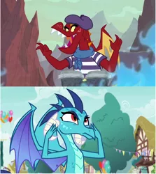 Size: 1160x1301 | Tagged: safe, derpibooru import, edit, edited screencap, screencap, garble, princess ember, dragon, sweet and smoky, triple threat, beret, bongos, clothes, comparison, dragoness, emble, fanning, female, fire, hat, image, jpeg, male, scarf, shipping, shipping domino, shirt, straight, striped shirt, sweat