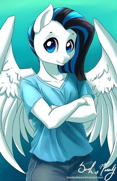 Size: 400x619 | Tagged: safe, artist:starshinebeast, derpibooru import, oc, unofficial characters only, anthro, pegasus, pony, black and blue, blue and black, blue eyes, clothes, crossed arms, female, image, jeans, jpeg, large wings, looking at you, mare, pants, pegasus oc, shirt, solo, standing, wings
