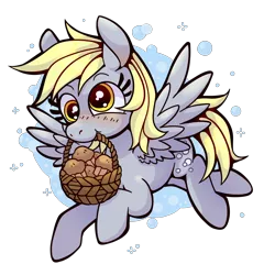 Size: 1280x1336 | Tagged: safe, artist:kaylees-art, derpibooru import, derpy hooves, pegasus, pony, abstract background, basket, cute, derpabetes, female, flying, food, image, mare, mouth hold, muffin, png, simple background, solo, spread wings, transparent background, wings