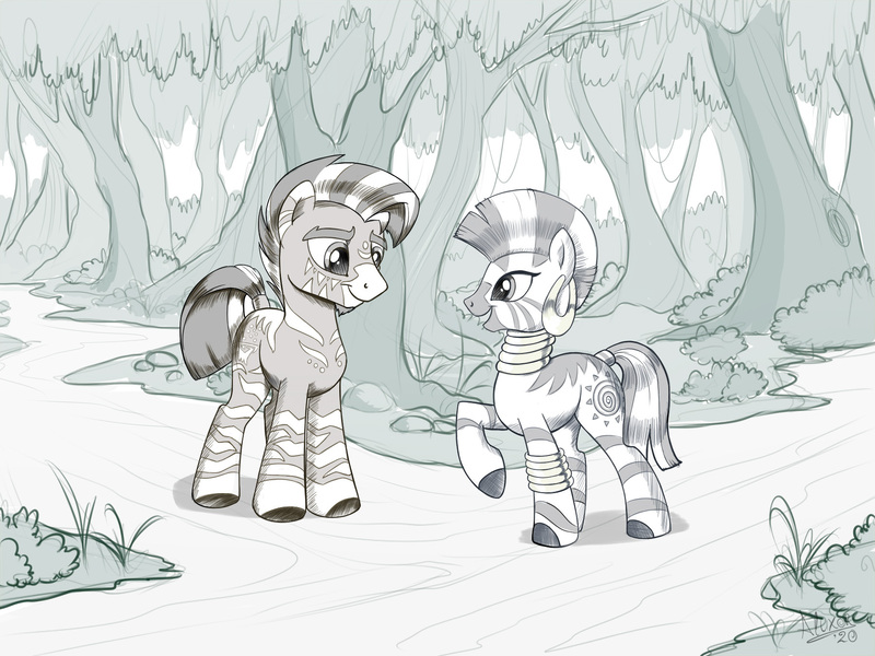 Size: 1800x1350 | Tagged: safe, artist:sirzi, derpibooru import, zecora, oc, oc:fausto, pony, zebra, bracelet, canon x oc, commission, ear piercing, earring, female, forest, grayscale, image, jewelry, jpeg, looking at each other, male, mare, monochrome, neck rings, piercing, quadrupedal, signature, smiling, stallion, tree, zebra oc