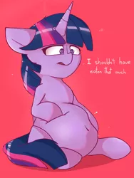 Size: 3000x4000 | Tagged: suggestive, artist:blopfry, derpibooru import, twilight sparkle, twilight sparkle (alicorn), alicorn, pony, belly, belly button, big belly, chubby, chubby twilight, dialogue, fat, female, hoof on belly, image, mare, png, squish, stomach noise, stuffed, twilard sparkle