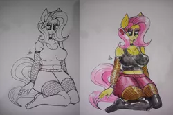 Size: 3080x2048 | Tagged: suggestive, artist:zachc, derpibooru import, fluttershy, anthro, plantigrade anthro, breasts, busty fluttershy, cleavage, clothes, female, fishnet clothing, image, latex, latex boots, png, sitting, traditional art, watercolor painting