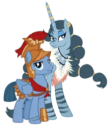 Size: 1066x1196 | Tagged: safe, artist:cloudyglow, artist:f2u-mlp-vectors, derpibooru import, edit, idw, vector edit, grimhoof, queen parabola, alicorn, pony, zebra, zebra alicorn, legends of magic, spoiler:comic, armor, crack shipping, ear piercing, earring, female, helmet, horn, horn ring, idw showified, image, jewelry, male, mare, paragrim, piercing, png, ring, royal legion, shipping, simple background, smiling, stallion, straight, transparent background, vector