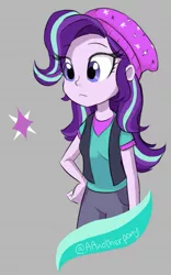 Size: 981x1573 | Tagged: safe, artist:aanotherpony, derpibooru import, starlight glimmer, equestria girls, mirror magic, spoiler:eqg specials, beanie, cutie mark, female, gray background, hand on hip, hat, image, jpeg, simple background, solo