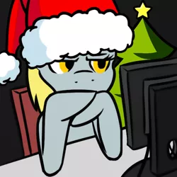 Size: 600x600 | Tagged: safe, artist:shinmera, derpibooru import, edit, derpy hooves, pegasus, pony, christmas, christmas tree, computer, female, hat, holiday, image, mare, png, reaction image, santa hat, solo, tree