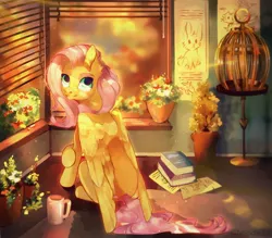 Size: 2000x1750 | Tagged: safe, artist:cloodels, derpibooru import, fluttershy, pegasus, pony, bird cage, blinds, book, bright, crepuscular rays, cup, cute, day, ear fluff, female, flower, folded wings, image, indoors, jpeg, looking at you, looking back, looking back at you, looking up, mare, mug, potted plant, shyabetes, sitting, smiling, solo, sunshine, window, wings