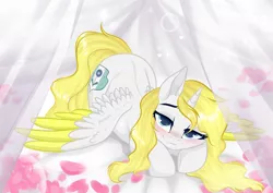 Size: 3465x2454 | Tagged: safe, artist:kim0508, derpibooru import, oc, oc:sweetie shy, unofficial characters only, alicorn, pony, alicorn oc, base used, bed, bedroom, bedroom eyes, blushing, commission, cute, female, flower petals, horn, image, looking at you, mare, petals, png, pony oc, romantic, smiling, solo, wings, ych result