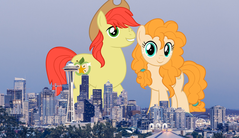 Size: 2600x1500 | Tagged: safe, artist:ganapathy kumar, artist:jhayarr23, artist:theotterpony, derpibooru import, edit, vector edit, bright mac, pear butter, earth pony, pony, city, cowboy hat, duo, female, freckles, giant earth pony, giant ponies in real life, giant pony, hat, highrise ponies, husband and wife, image, irl, jpeg, macro, male, photo, ponies in real life, seattle, stetson, story in the source, story included, vector