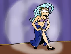 Size: 2008x1536 | Tagged: suggestive, artist:andreu-t, derpibooru import, trixie, human, bra, breasts, clothes, female, humanized, image, jpeg, skirt, solo, solo female, spotlight, stage, striptease, underwear, undressing