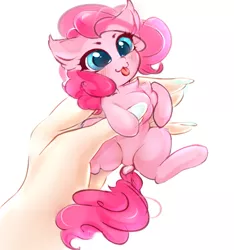 Size: 671x718 | Tagged: safe, artist:haokan, derpibooru import, pinkie pie, earth pony, human, pony, :3, :p, blushing, cute, diapinkes, dock, ear fluff, female, hand, holding a pony, image, in goliath's palm, micro, offscreen character, offscreen human, png, solo, tongue out