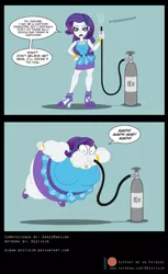 Size: 950x1554 | Tagged: safe, artist:niban-destikim, derpibooru import, rarity, equestria girls, equestria girls series, 2 panel comic, belly, belly expansion, big belly, big breasts, bingo wings, body inflation, bracelet, breaking the fourth wall, breast expansion, breasts, cartoon logic, cartoon physics, clothes, comic, commission, dialogue, female, floating, fourth wall break, geode of shielding, green background, growth, helium, helium inflation, helium tank, high heels, hose, huge belly, huge breasts, hyper, hyper belly, image, impossibly large belly, inflation, jewelry, jpeg, looking at you, magical geodes, muffled words, onomatopoeia, open mouth, patreon, patreon logo, proven wrong, puffy cheeks, rariblimp, rarity peplum dress, shoes, shrunken pupils, simple background, solo, speech bubble, talking to viewer, tube, wide eyes, word balloon