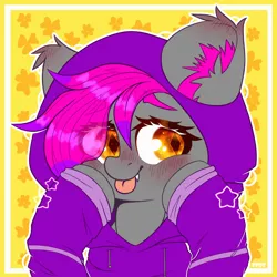 Size: 2000x2000 | Tagged: safe, artist:etoz, derpibooru import, oc, unofficial characters only, bat pony, pony, bat pony oc, bat wings, blushing, clothes, commission, cute, fangs, female, hoodie, image, looking away, mare, png, solo, stars, tongue out, wings, ych result