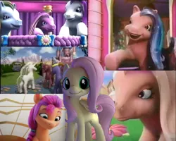 Size: 1593x1273 | Tagged: safe, derpibooru import, edit, edited screencap, screencap, fluttershy, pinkie pie (g3), princess crystal, princess silver swirl, sunny starscout, sweetberry, earth pony, pegasus, pony, unicorn, hello pinkie pie, my little pony: a new generation, spoiler:my little pony: a new adventure, 3d, castle, cgi, commercial, cute, female, flower, g2, g3, g4, g5, image, looking at you, mare, png, ponyville (g3), princess twinkle star