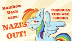 Size: 1920x1080 | Tagged: safe, artist:cocaine, derpibooru import, rainbow dash, pegasus, annoyed, antifa, comments locked down, image, looking at you, mouthpiece, png, politics, politics in the comments, text, wing hands, wings