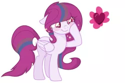 Size: 1826x1222 | Tagged: safe, artist:blurryface213, artist:klewgcg, derpibooru import, oc, oc:blossoming heart, unofficial characters only, pegasus, pony, base used, blush sticker, blushing, colored pupils, female, floppy ears, heart, image, looking down, mare, pegasus oc, png, simple background, smiling, solo, white background, wings