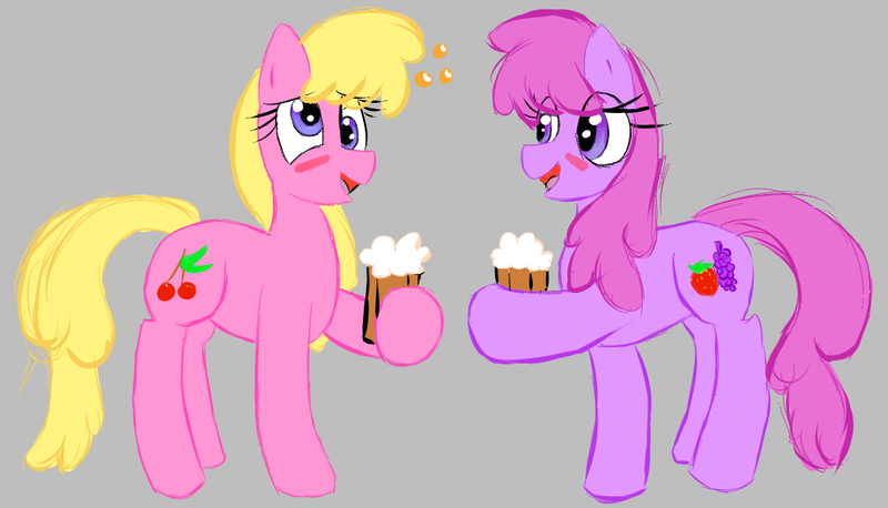 Size: 1042x597 | Tagged: safe, anonymous artist, derpibooru import, berry punch, berryshine, cherry berry, earth pony, pony, alcohol, berrybetes, blushing, bubble, cherry, cherrybetes, cider, cute, cutie mark, drawthread, drunk, drunky berry, drunky punch, duo, duo female, female, food, grapes, gray background, i can't get the taste of my tongue, image, open mouth, png, requested art, simple background, strawberry