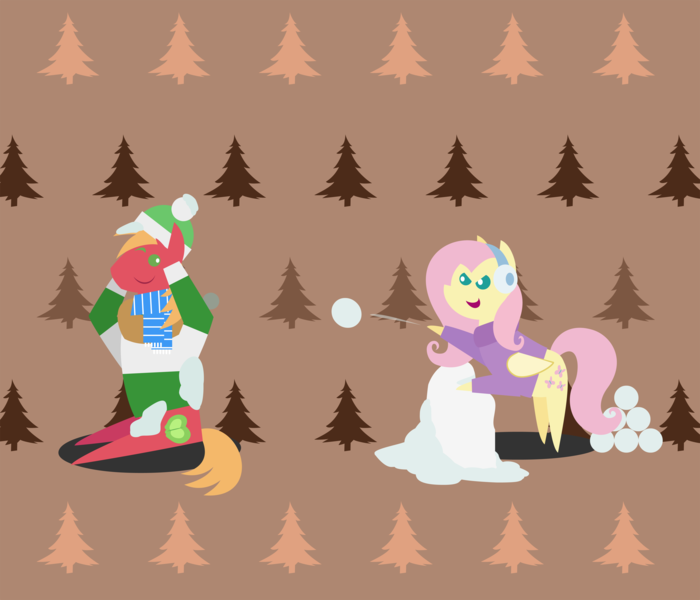 Size: 2520x2160 | Tagged: safe, anonymous artist, derpibooru import, big macintosh, fluttershy, earth pony, pegasus, pony, series:fm holidays, series:hearth's warming advent calendar, abstract background, advent calendar, bipedal, bipedal leaning, christmas, clothes, earmuffs, female, fluttermac, holiday, image, leaning, lineless, male, one eye closed, png, pointy ponies, scarf, shipping, snow, snowball, snowball fight, straight, sweater, turtleneck, winter outfit