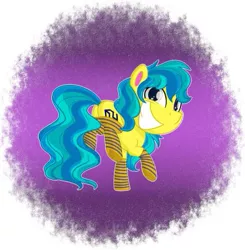 Size: 463x473 | Tagged: safe, artist:missmele-madness, derpibooru import, oc, oc:runaway train, earth pony, pony, clothes, earth pony oc, image, jpeg, looking at you, looking back, purple background, simple background, socks, striped socks