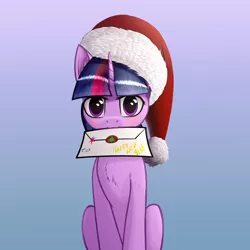 Size: 5000x5000 | Tagged: safe, alternate version, artist:colourwave, derpibooru import, twilight sparkle, pony, unicorn, absurd resolution, blushing, christmas, cute, delivery, female, happy new year, hat, holiday, image, letter, letter in mouth, looking at you, mare, merry christmas, new year, png, santa hat, simple background, sitting, solo, twiabetes, unicorn twilight